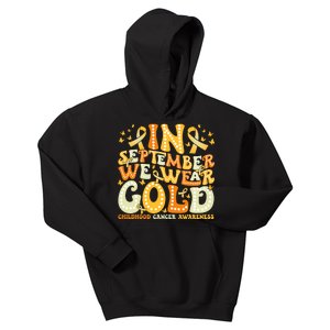 Groovy In September We Wear Gold Childhood Cancer Awareness Rainbow Ribbon Kids Hoodie