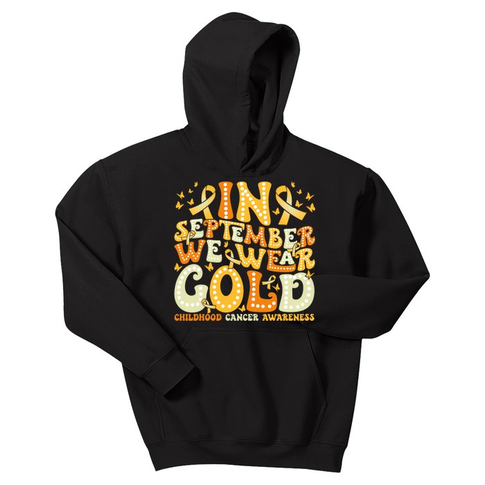 Groovy In September We Wear Gold Childhood Cancer Awareness Rainbow Ribbon Kids Hoodie