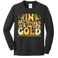 Groovy In September We Wear Gold Childhood Cancer Awareness Rainbow Ribbon Kids Long Sleeve Shirt