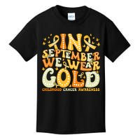 Groovy In September We Wear Gold Childhood Cancer Awareness Rainbow Ribbon Kids T-Shirt