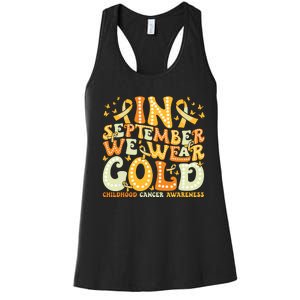 Groovy In September We Wear Gold Childhood Cancer Awareness Women's Racerback Tank