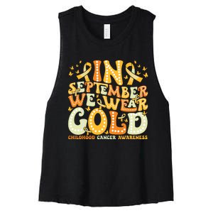 Groovy In September We Wear Gold Childhood Cancer Awareness Women's Racerback Cropped Tank