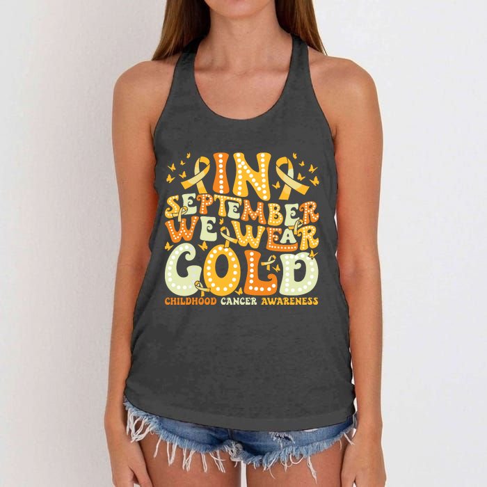 Groovy In September We Wear Gold Childhood Cancer Awareness Women's Knotted Racerback Tank