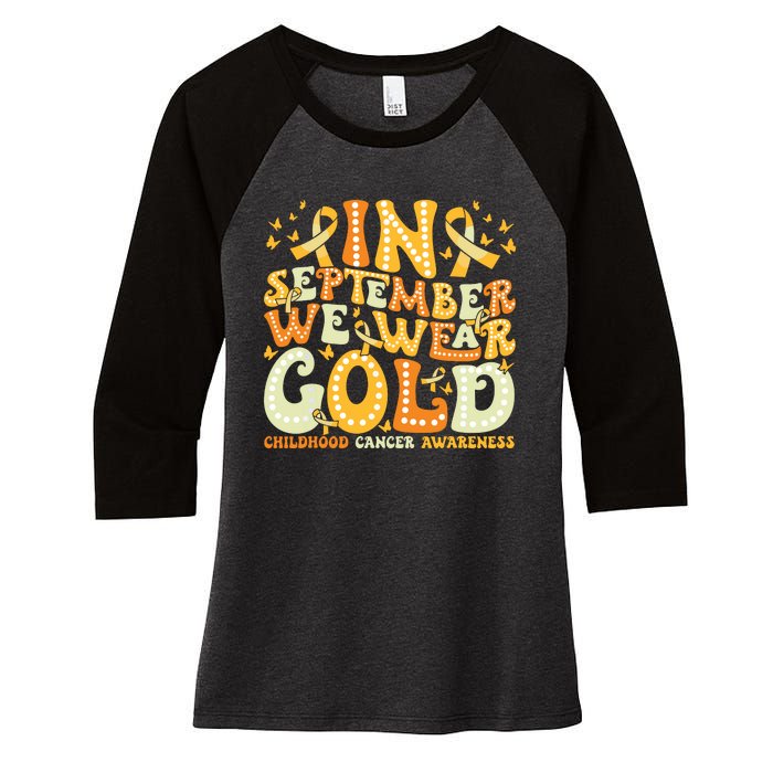 Groovy In September We Wear Gold Childhood Cancer Awareness Women's Tri-Blend 3/4-Sleeve Raglan Shirt