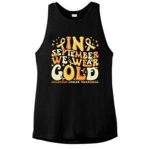 Groovy In September We Wear Gold Childhood Cancer Awareness Gift Ladies PosiCharge Tri-Blend Wicking Tank