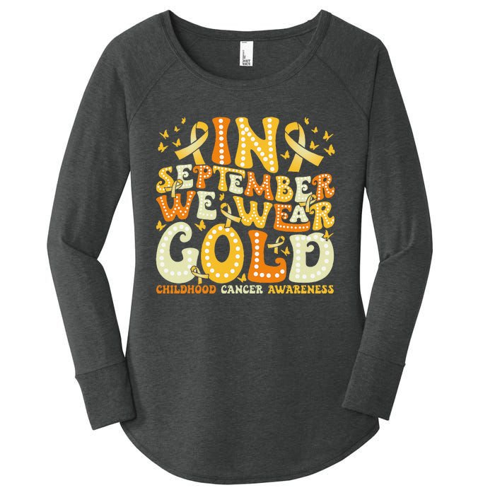 Groovy In September We Wear Gold Childhood Cancer Awareness Gift Women's Perfect Tri Tunic Long Sleeve Shirt