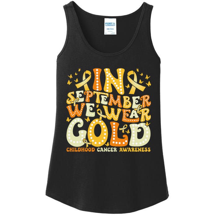 Groovy In September We Wear Gold Childhood Cancer Awareness Gift Ladies Essential Tank