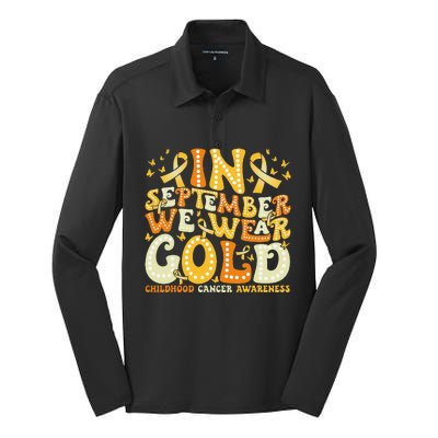 Groovy In September We Wear Gold Childhood Cancer Awareness Gift Silk Touch Performance Long Sleeve Polo