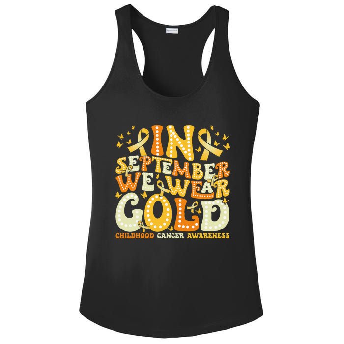 Groovy In September We Wear Gold Childhood Cancer Awareness Gift Ladies PosiCharge Competitor Racerback Tank