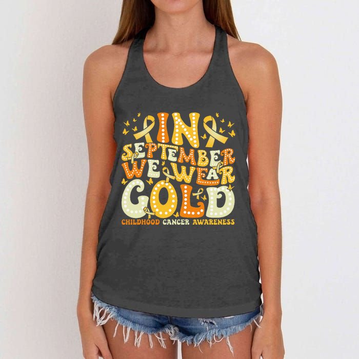 Groovy In September We Wear Gold Childhood Cancer Awareness Gift Women's Knotted Racerback Tank