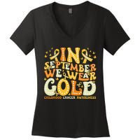 Groovy In September We Wear Gold Childhood Cancer Awareness Gift Women's V-Neck T-Shirt