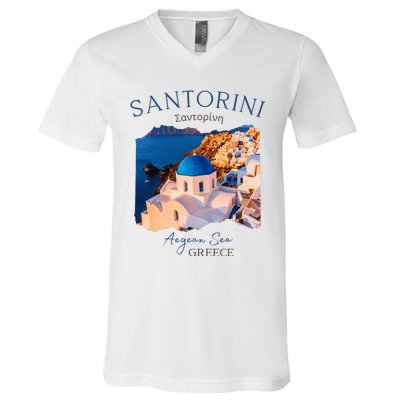 Greek Island Santorini Greece Oia Village Blue Church V-Neck T-Shirt