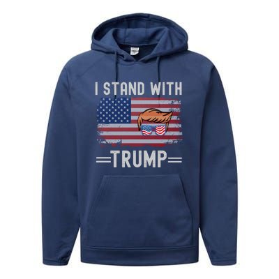 Great I Stand With Trump American Flag Vintage Cool Gift Performance Fleece Hoodie