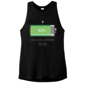 God Is Still Working On Me Battery Loading Ladies PosiCharge Tri-Blend Wicking Tank