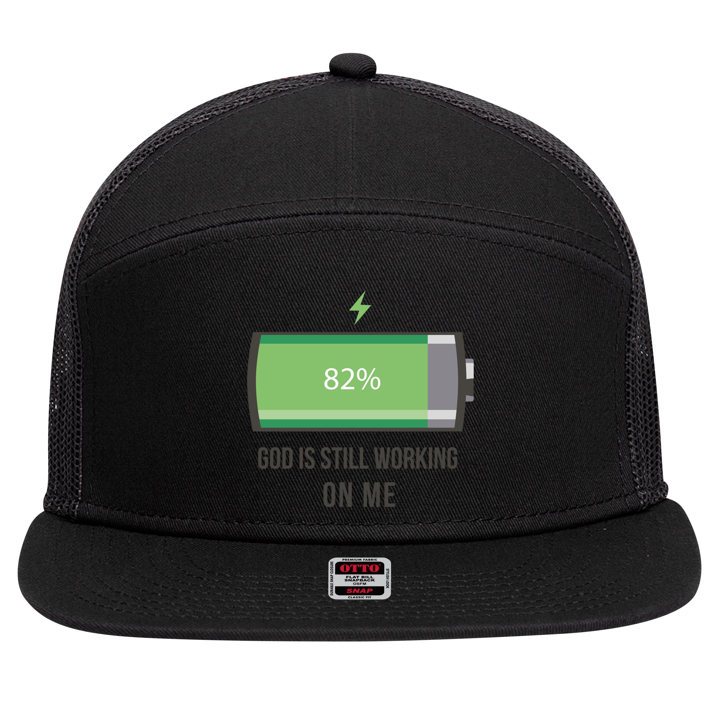 God Is Still Working On Me Battery Loading 7 Panel Mesh Trucker Snapback Hat