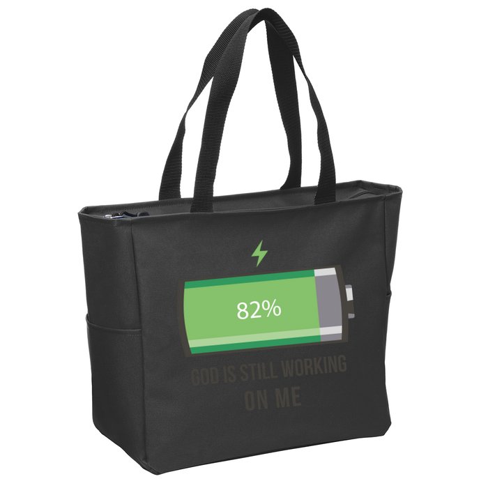God Is Still Working On Me Battery Loading Zip Tote Bag