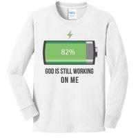 God Is Still Working On Me Battery Loading Kids Long Sleeve Shirt