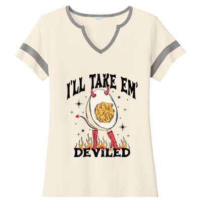 Groovy Ill Take Em Deviled Thanksgiving Funny Egg Ladies Halftime Notch Neck Tee