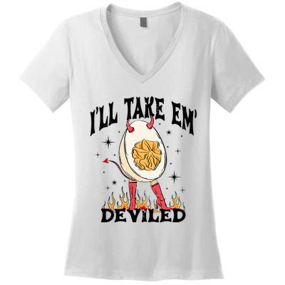 Groovy Ill Take Em Deviled Thanksgiving Funny Egg Women's V-Neck T-Shirt