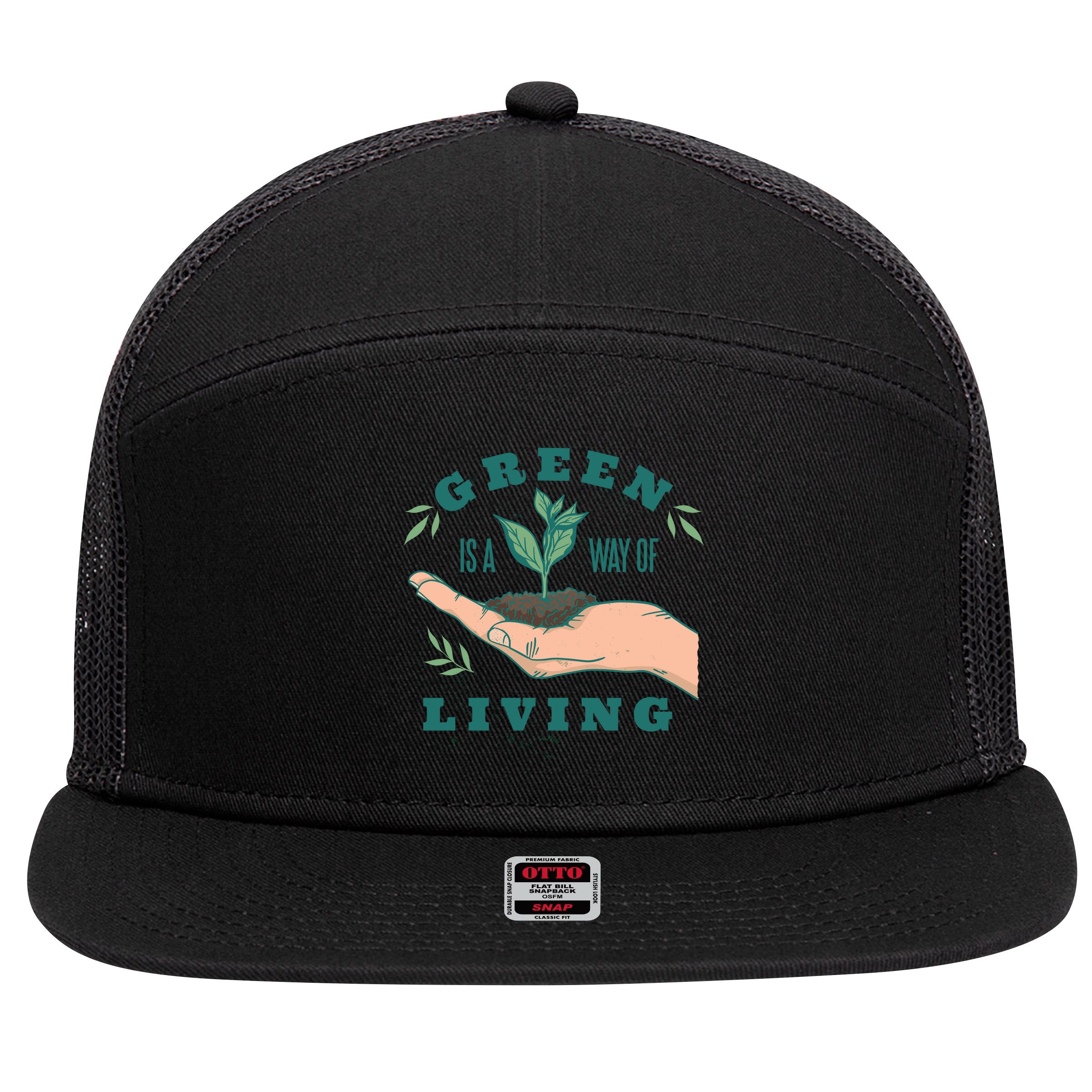 Green Is The Way Of Living 7 Panel Mesh Trucker Snapback Hat