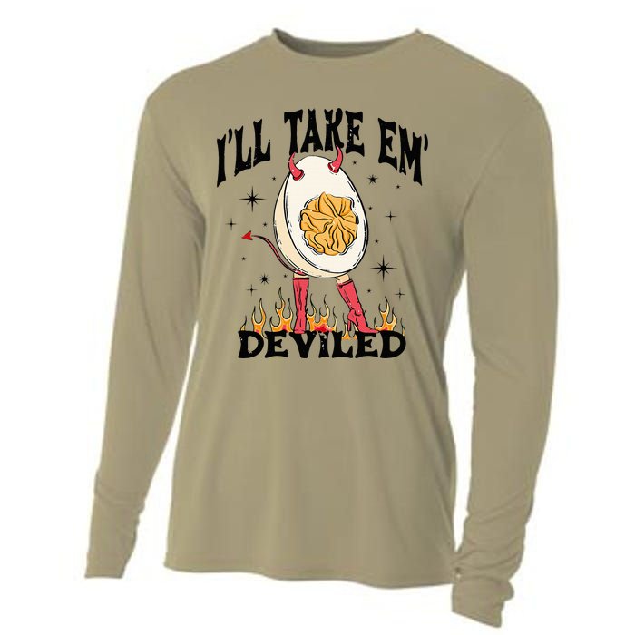 Groovy I'll Take Em' Deviled Thanksgiving Funny Egg Cooling Performance Long Sleeve Crew