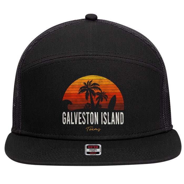 Galveston Island Tx Texas Beach Palms Vacation Surf Sundown Gift 7 Panel Mesh Trucker Snapback Hat