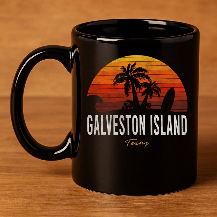 Galveston Island Tx Texas Beach Palms Vacation Surf Sundown Gift 11oz C Handle Ceramic Mug