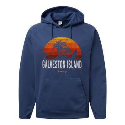 Galveston Island Tx Texas Beach Palms Vacation Surf Sundown Gift Performance Fleece Hoodie