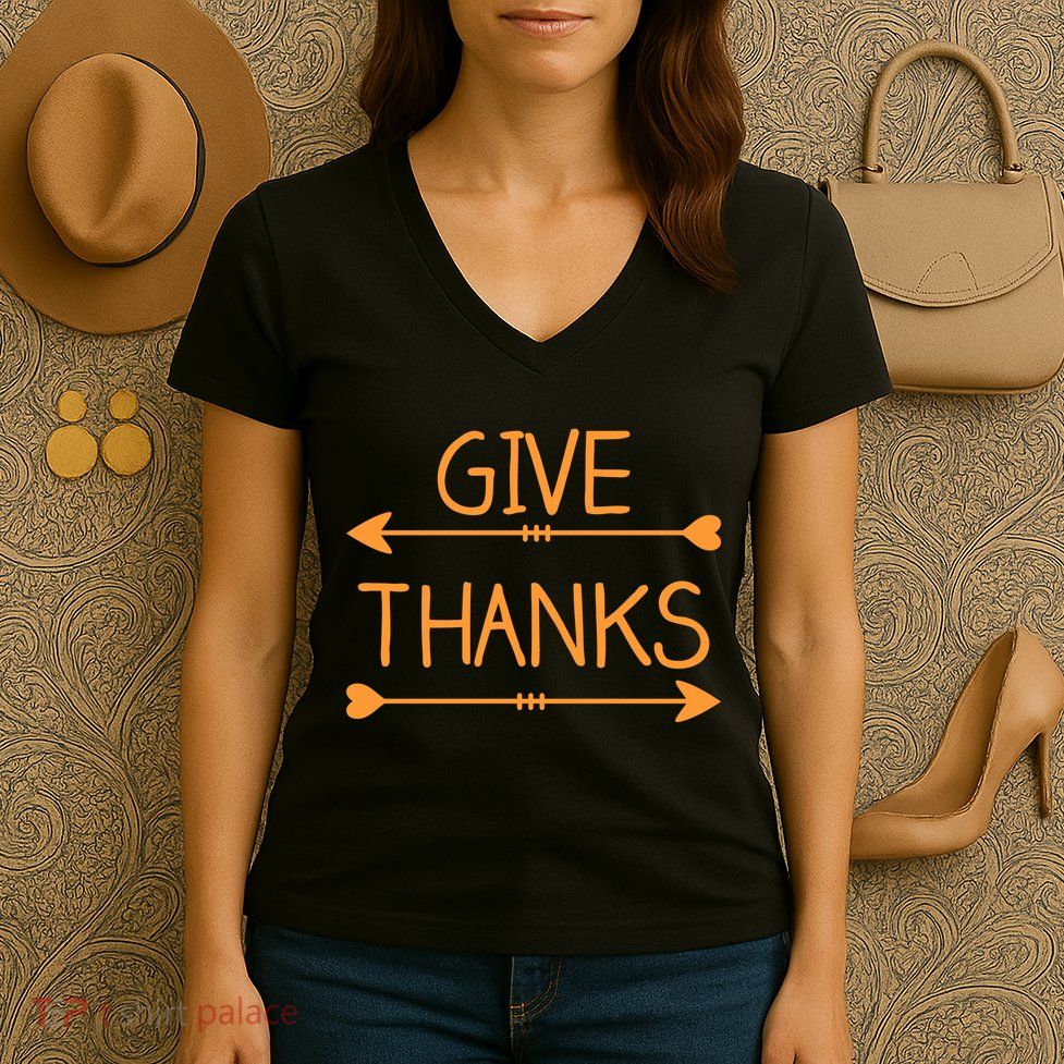 Give Thanks Arrows Heart Thanksgiving Women's V-Neck T-Shirt