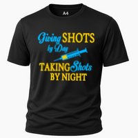 Givings Shots By Day and Taking Shots By Night Nurse Cooling Performance Crew T-Shirt