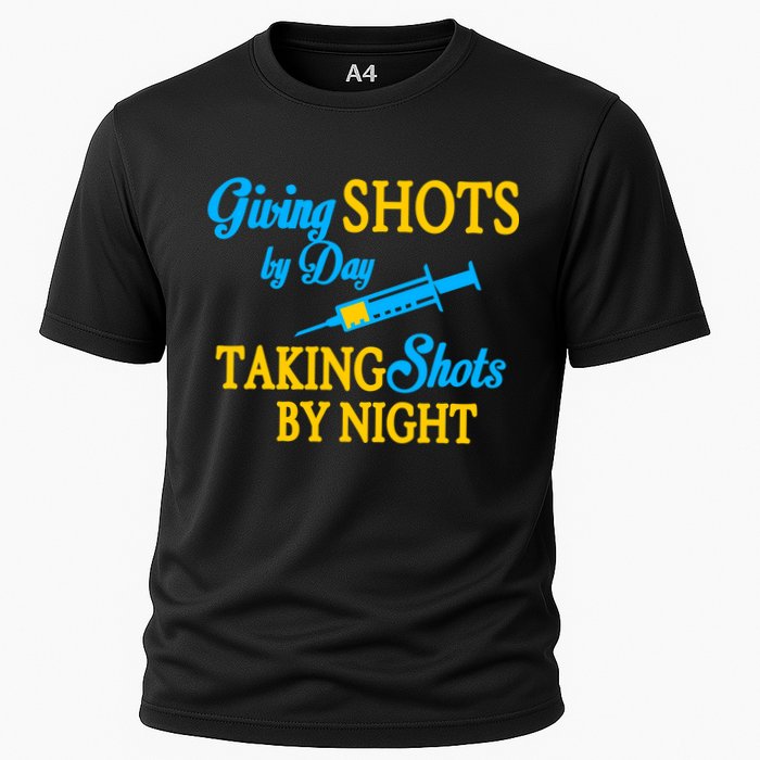 Givings Shots By Day and Taking Shots By Night Nurse Cooling Performance Crew T-Shirt