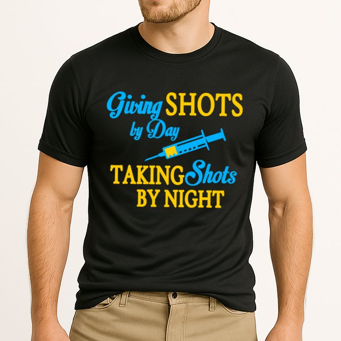 Givings Shots By Day and Taking Shots By Night Nurse Cooling Performance Crew T-Shirt