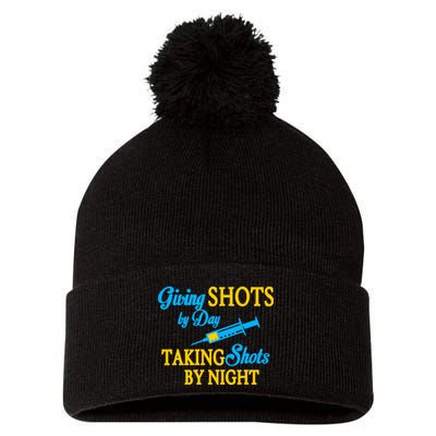 Givings Shots By Day and Taking Shots By Night Nurse Pom Pom 12in Knit Beanie