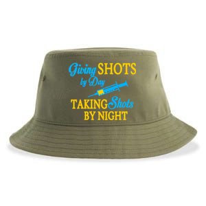 Givings Shots By Day and Taking Shots By Night Nurse Sustainable Bucket Hat