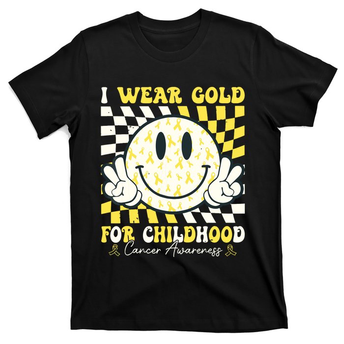 Groovy I Wear Gold For Childhood Cancer Awareness Ribbon T-Shirt