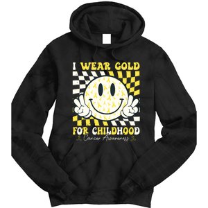 Groovy I Wear Gold For Childhood Cancer Awareness Ribbon Tie Dye Hoodie