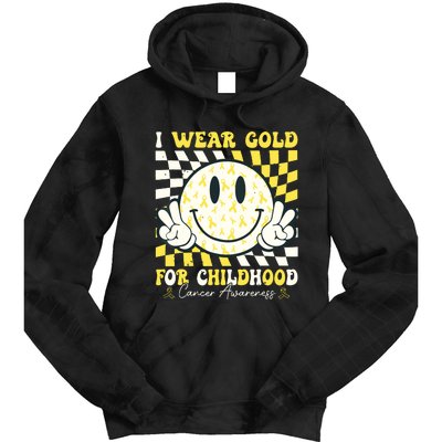 Groovy I Wear Gold For Childhood Cancer Awareness Ribbon Tie Dye Hoodie