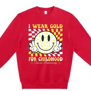 Groovy I Wear Gold For Childhood Cancer Awareness Ribbon Premium Crewneck Sweatshirt