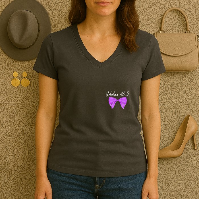 God Is Within Her She Will Not Fall Psalms 46:5 Front Back Women's V-Neck T-Shirt