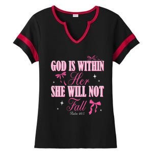 God Is Within Her She Will Not Fall Bible Verse Coquette Bow Great Gift Ladies Halftime Notch Neck Tee