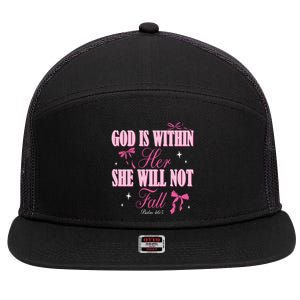 God Is Within Her She Will Not Fall Bible Verse Coquette Bow Great Gift 7 Panel Mesh Trucker Snapback Hat