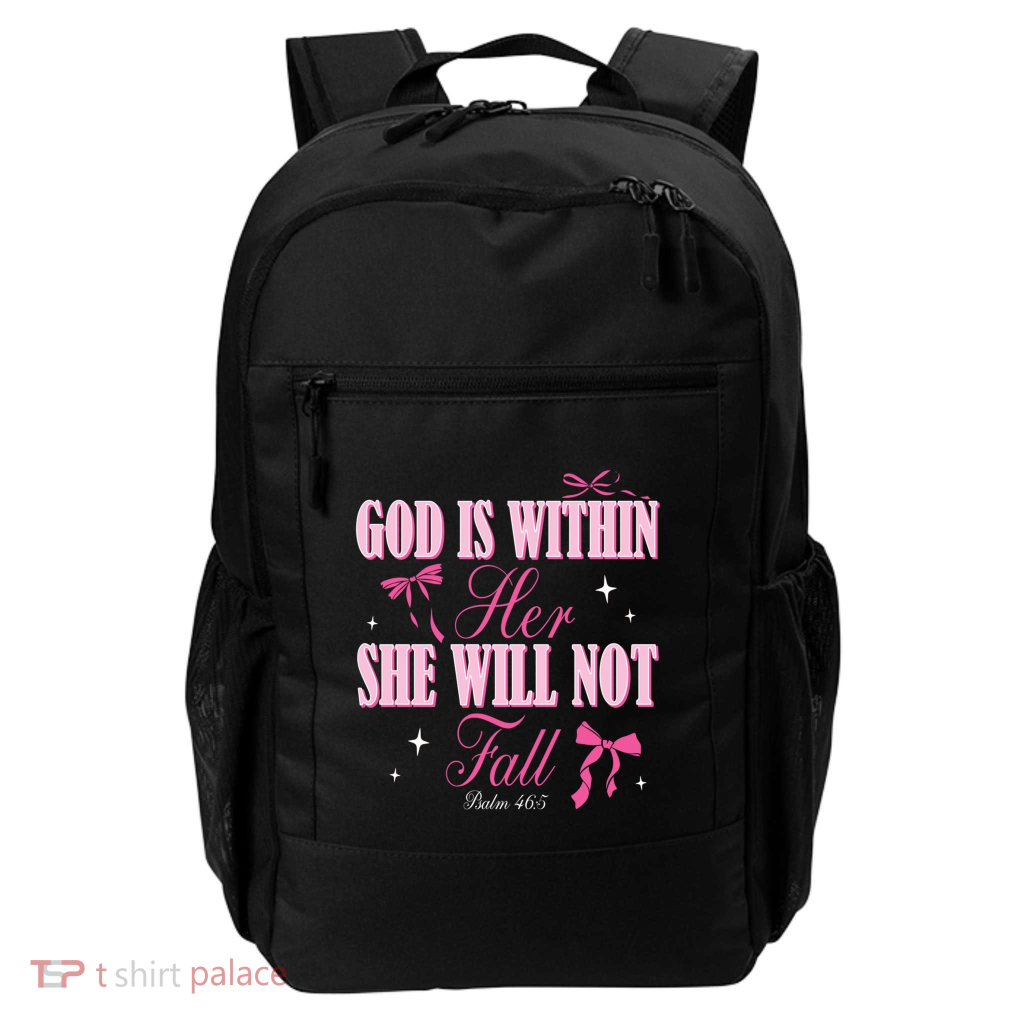God Is Within Her She Will Not Fall Bible Verse Coquette Bow Great Gift Daily Commute Backpack