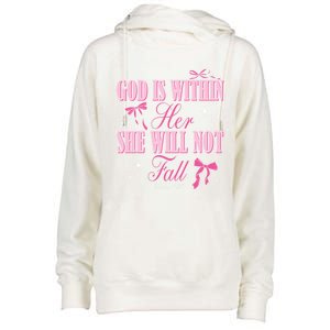 God Is Within Her She Will Not Fall Bible Verse Coquette Bow Great Gift Womens Funnel Neck Pullover Hood