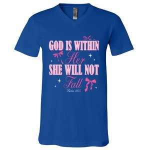 God Is Within Her She Will Not Fall Bible Verse Coquette Bow Great Gift V-Neck T-Shirt