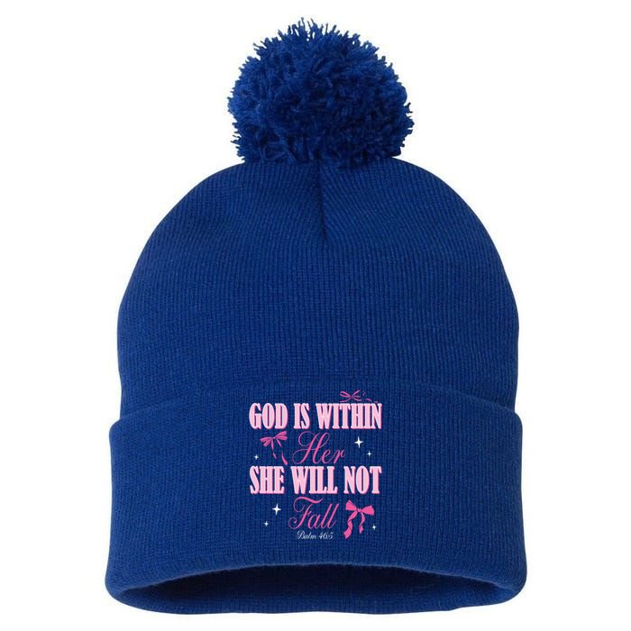 God Is Within Her She Will Not Fall Bible Verse Coquette Bow Great Gift Pom Pom 12in Knit Beanie