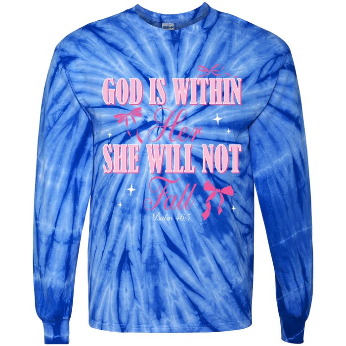 God Is Within Her She Will Not Fall Bible Verse Coquette Bow Great Gift Tie-Dye Long Sleeve Shirt