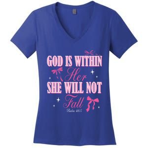 God Is Within Her She Will Not Fall Bible Verse Coquette Bow Great Gift Women's V-Neck T-Shirt