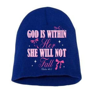 God Is Within Her She Will Not Fall Bible Verse Coquette Bow Great Gift Short Acrylic Beanie