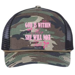 God Is Within Her She Will Not Fall Bible Verse Coquette Bow Great Gift Retro Rope Trucker Hat Cap