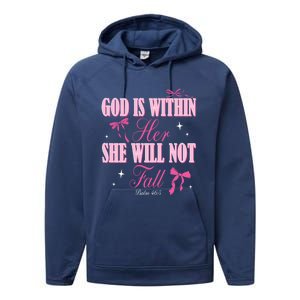 God Is Within Her She Will Not Fall Bible Verse Coquette Bow Great Gift Performance Fleece Hoodie